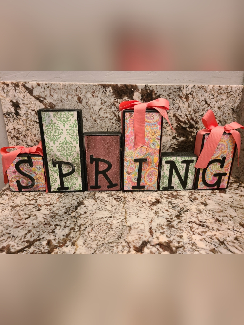 Spring Decorative Block Set with Pink Ribbon